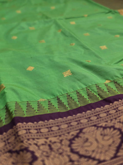 Emerald Grace Premium Semi Gadwal Saree – Parrot Green with Deep Brown Contrast | Dee Silks