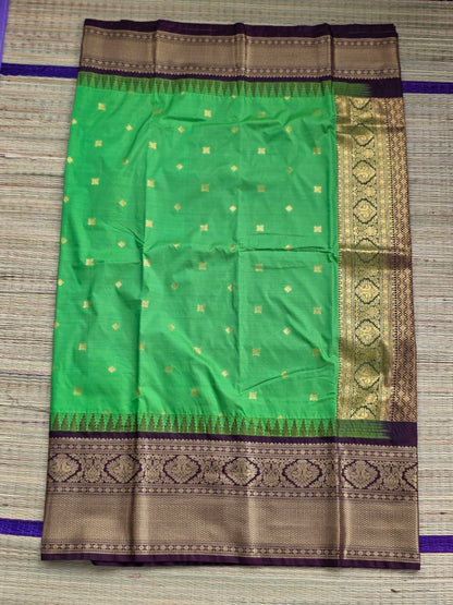 Emerald Grace Premium Semi Gadwal Saree – Parrot Green with Deep Brown Contrast | Dee Silks
