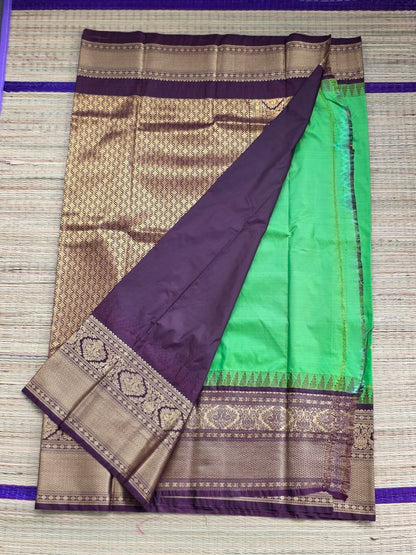 Emerald Grace Premium Semi Gadwal Saree – Parrot Green with Deep Brown Contrast | Dee Silks