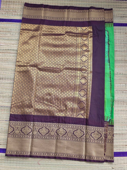 Emerald Grace Premium Semi Gadwal Saree – Parrot Green with Deep Brown Contrast | Dee Silks